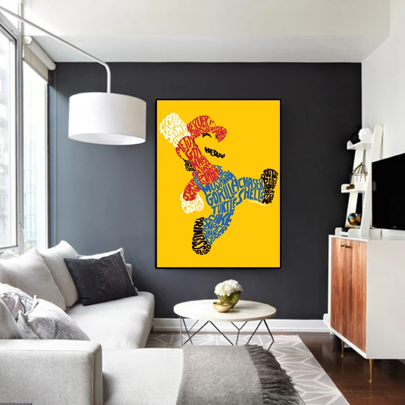 Современный мультяшный плакат Josh Mirman Wordy Mario, холст, живопись, плакаты и принты, настенные картины для детской комнаты, Куадрос, домашний декор