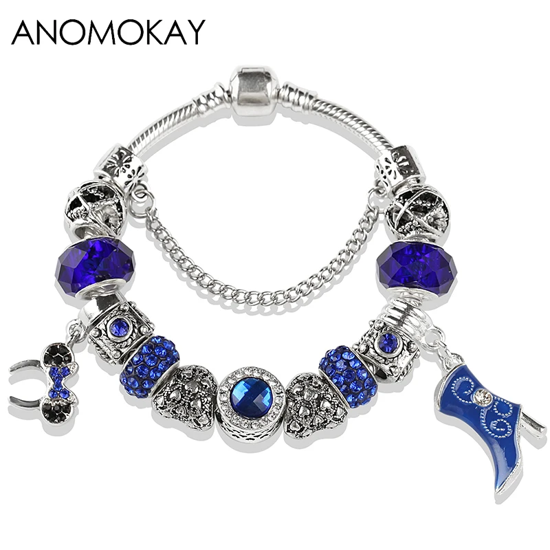 Dark Blue Bracelet Европейский темно-синий кристалл Минни сапоги сердце бисера браслет для женщин Серебряный цвет Diy браслеты для талисманы подарочные браслеты - Окраска металла: Dark Blue Bracelet