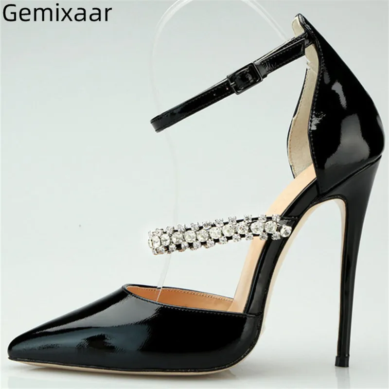 

2019 Autumn High Heels Shoes Woman Pointy Toe Slim Shallow Narrow Wrap Decor Crystal Wedding Zapatos Big Size Mature Woman Pumps