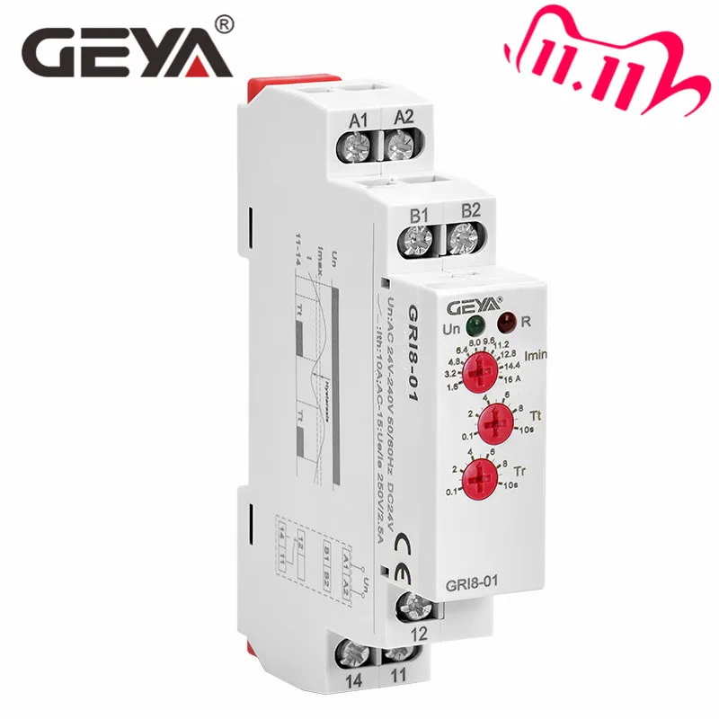 

Free Shipping GEYA GRI8-01 Current Monitoring Relay Current Range 8A 16A AC24V-240V DC24V Overcurrent Protection Relay