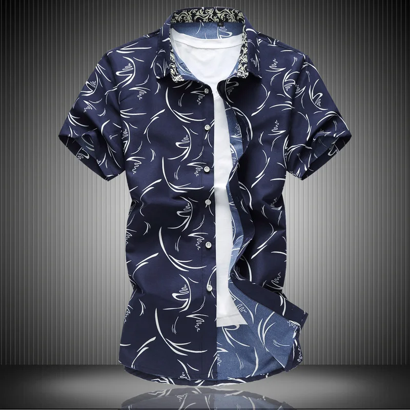 

Summer Men Plus-sized Short Sleeve Flower Shirt Youth Business Casual Print Shirt Men's-Inch yi chao