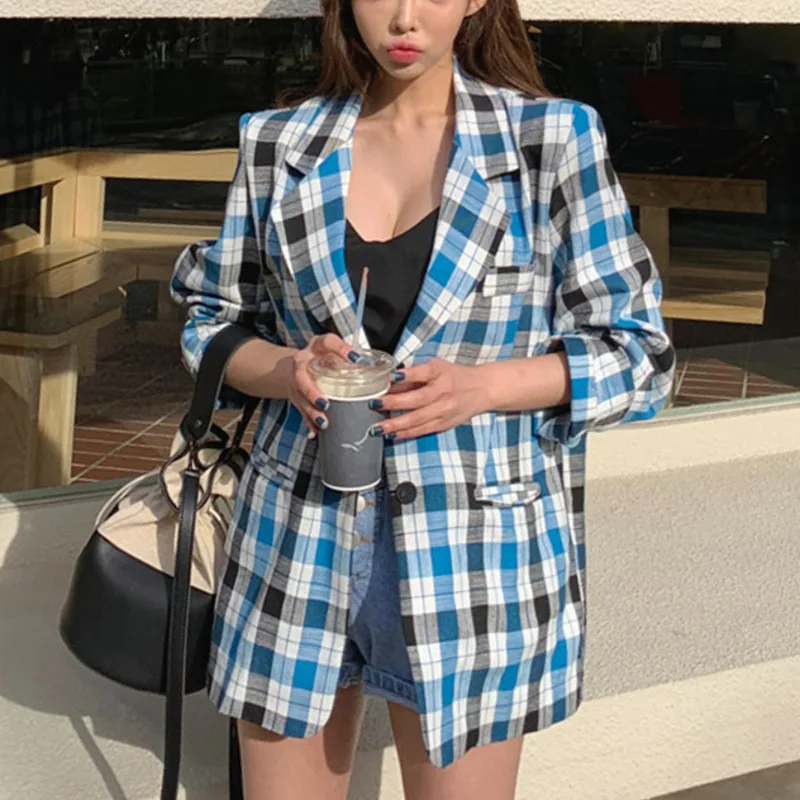 

LANMREM vintage korean new little Suit for famale 2020 spring Summer Loose Coat Lattice All-match cotton linene blazers YJ109