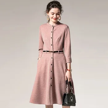 

Autumn Dress Women Office Lady 2019 New Fashion Single Breasted 3/4 sleeve Female A Line Dress Hot Sale