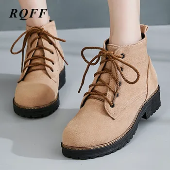 

2019-2020 New Autumn Spring Ankle Boots Women Fashion Square Med Heels Platform Shoes Woman Flock Lace Up Plus Size 42 43 Solid