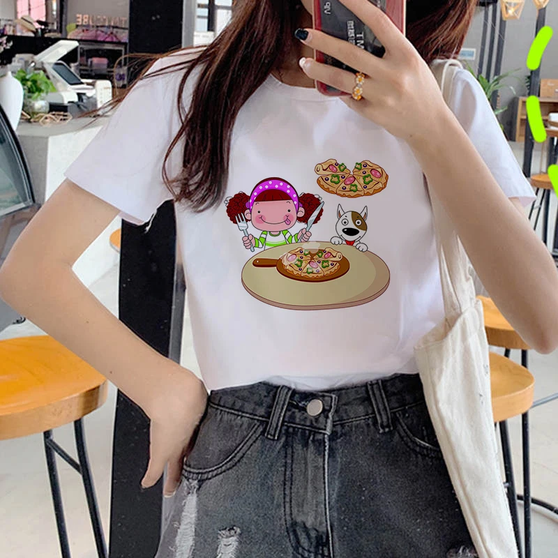 Fashion Women T Shirt Harajuku Cartoon Pizza Tshirt 90s Painting Ulzzang Casual Tops Tees T-shirt Female Clothes