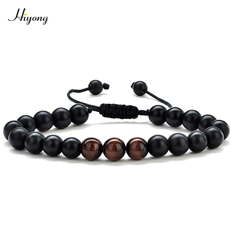 Tiger eye 10 HIYONG 8 мм браслет из камня тигровый глаз плетеный браслет регулируемый черный матовый Шарм целебный баланс бусины Йога браслет для мужчин - Окраска металла: Tiger eye 10