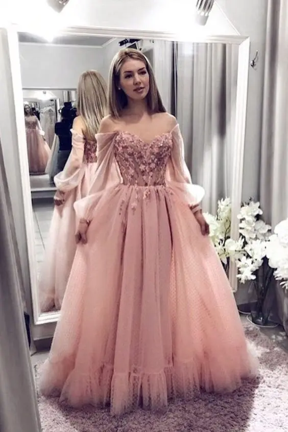 Vestidos De Gala платье для выпускного вечера с открытыми плечами Тюль с длинным рукавом Аппликации Robe De Soiree Дубай вечернее платье