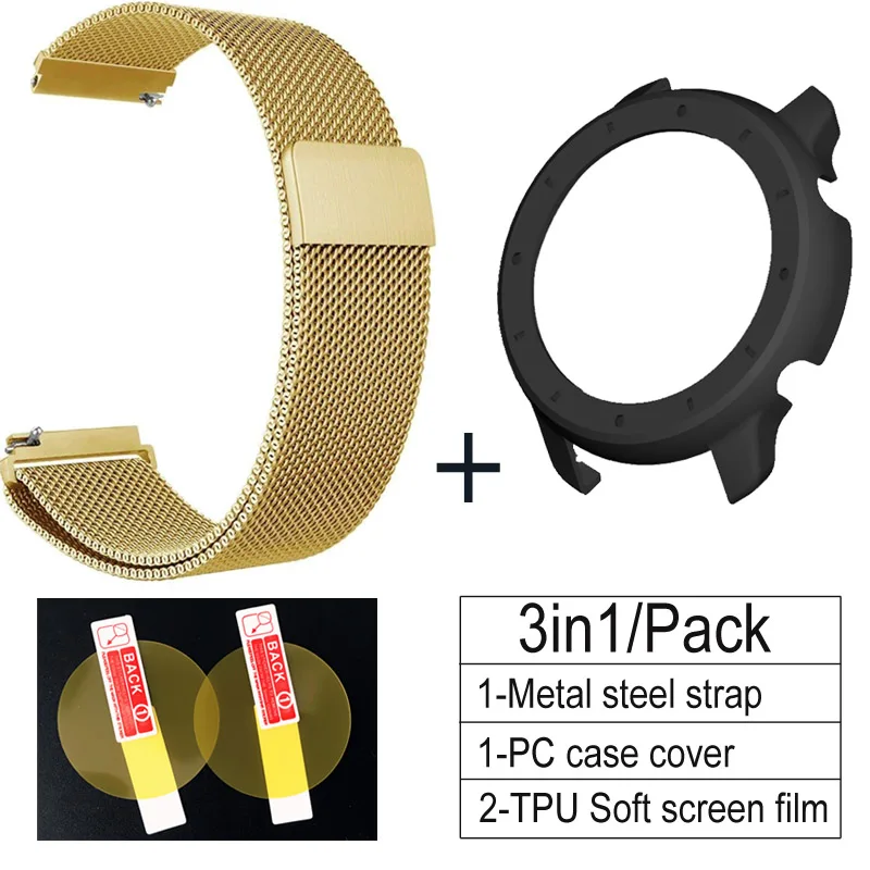 gold-black 3в1 Для Amazfit GTR 47 мм чехол на ремне защитная пленка из нержавеющей стали магнитный браслет для Amazfit gtr 47 мм 42 мм ремешок для часов чехол - Цвет: gold-black
