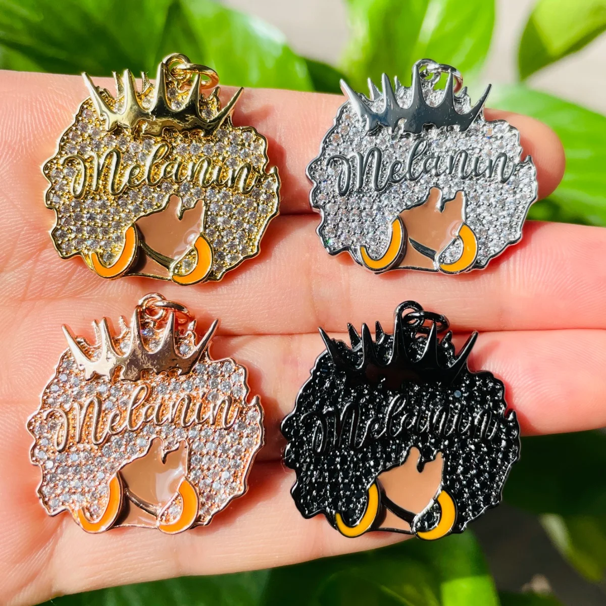 5pcs Black Queen Afro Girl Crown Melanin Queen Charm Pendant Women Bracelet Necklace Making Bling Stone Paved DIY Jewelry Supply