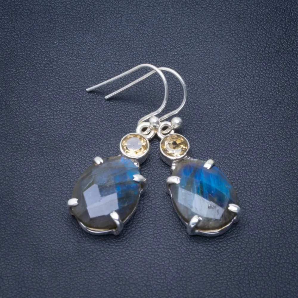 

Natural Blue Fire Labradorite and Citrine Handmade Unique 925 Sterling Silver Earrings 1.5" B2290