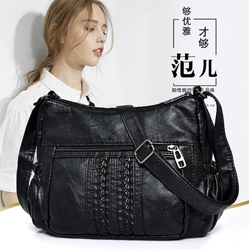 

Washed Leather Shoulder Square Sling Bag Pu Soft Leather Casual Shoulder Bag 2019 New Style WOMEN'S Bag Bag Double Layer Middle-