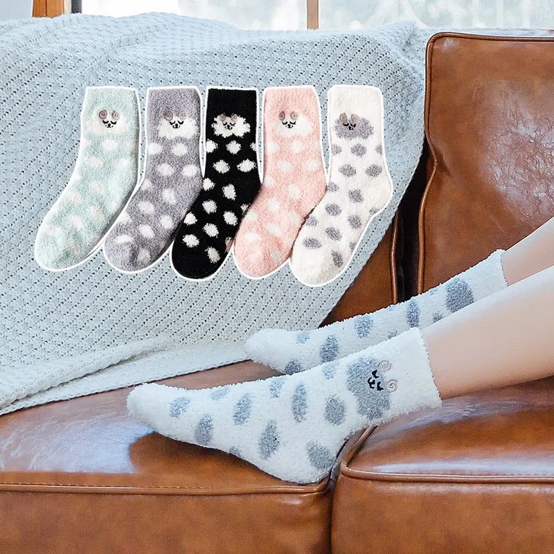 

Plush Coral Pile Middle Tube Socks Lovely Animal in Autumn and Winter Thick Warm Sleeping Floor Sleeping Women's Socks