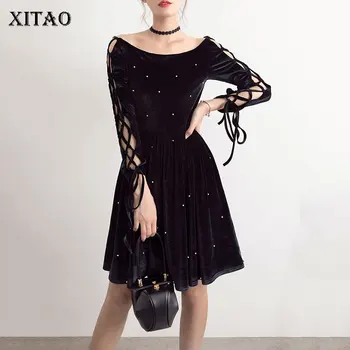 

XITAO Hollow Out Perspective Dress Women Korea Fashion New Slack Neck Drawstring Off Shoulder Secy Casual Style Dress ZYQ1994