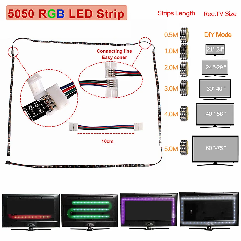 Диодная лента 5050 RGB лента для ПК светодиодный USB DC5V 0,5 м/1 м/2 м/3 м ТВ ПОДСВЕТКА Гибкая неоновая полоса светодиодный светильник полосы для украшения спальни лента светодиодная