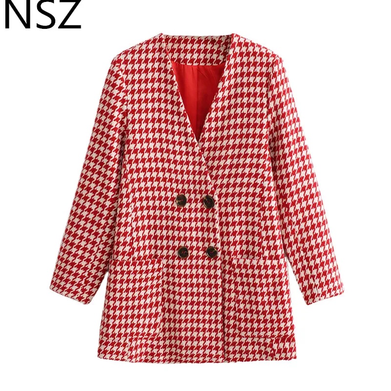 

NSZ Women Houndstooth Tweed Blazer Full Sleeve Double Breasted Plaid Coat Jacket Checked Outwear Autumn Winter Clothing Top
