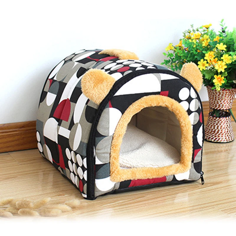Домик для домашних животных, теплая кровать для кошек, деформируемый домик-коврик, складной удобный питомник для кошек, пещера для всех сезонов, полностью съемная, моющаяся - Цвет: geometric pattern