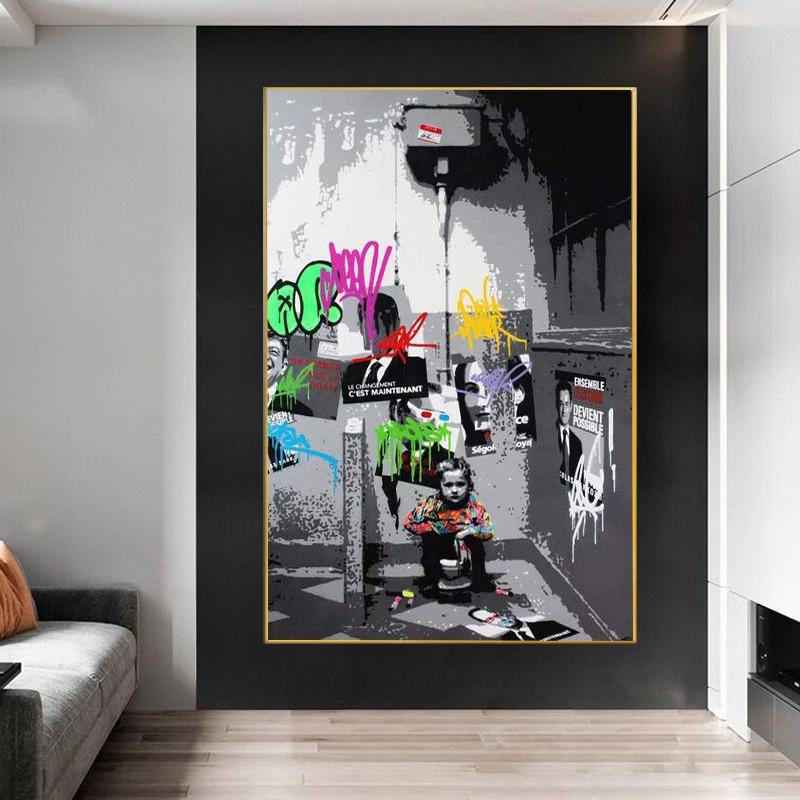 

Graffiti Art Street Girl on The Toilet Canvas Painting Poster Print Art Wall Picture for Living Room Home Decor Interior Cuadros