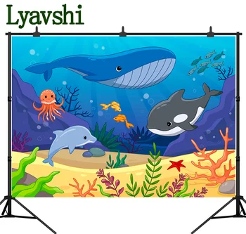 

Photography background baby Underwater world whales and dolphins with octopus customized birthday decoration party background