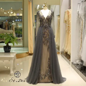 

NEW 2020 St.Des A-line Russian V-neck Gray Champagne Beading Long Sleeve Beauty Queen Floor Length Evening Dress Party Dress