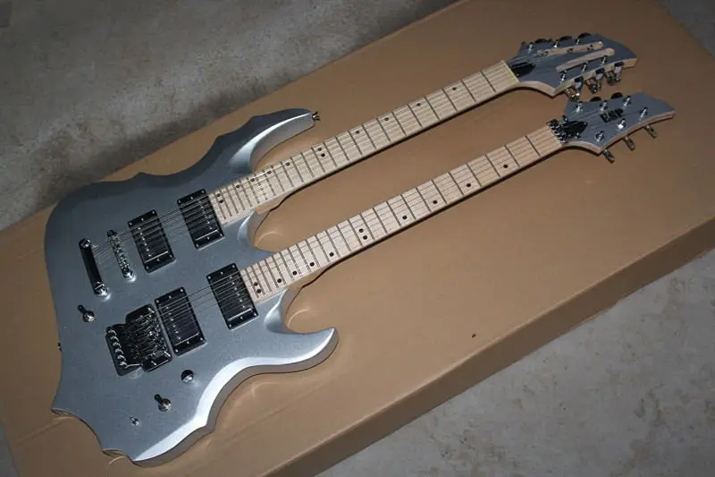 

Forest style heteromorphic double neck electric guitar, 12 string / 6 string, double head silver powder, real pictures, can be m