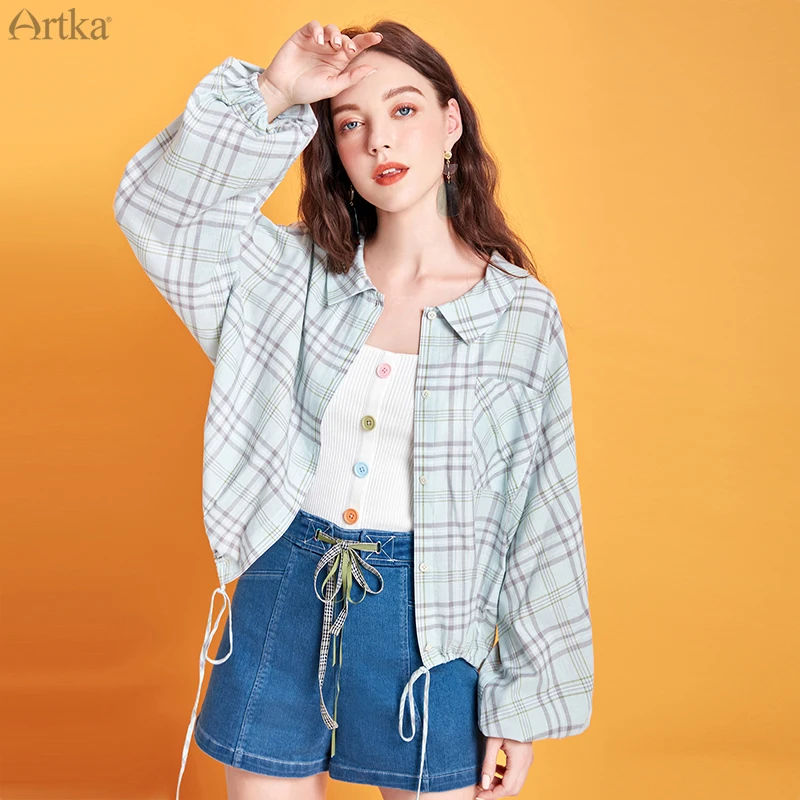 

ARTKA 2020 Spring New Women's Blouse Fashion Letter Print Plaid Shirt Loose Casual Lantern Sleeve Drawstring Shirt Coat SA25002C