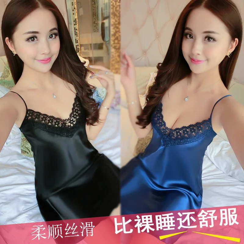 

Spring Summer Solid Color Sexy Temptation Strapped Dress Real Silk of Thin Nightgown Women's Silk Tracksuit Pajamas