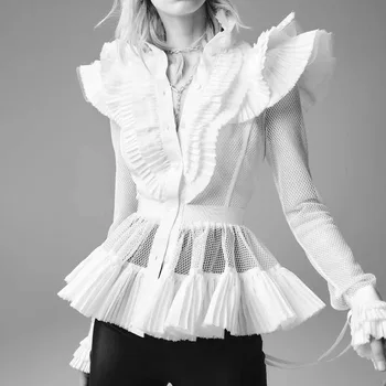 

High Fashion Runway Style Ruffled Slim Waist White Patchwork Mesh Blouse Sexy Mesh Shirt Top