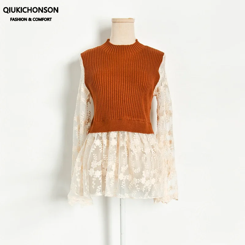 

Qiukichonson Kawaii Knitting Spliced False Two Pieces Flare Sleeve Lace Shirt Women Fitness Peplum Tops Ladies Ruffle Blouse