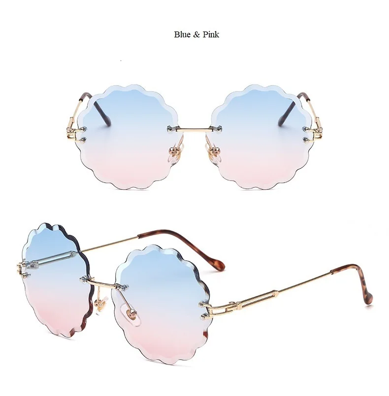 Резка без оправы рамка с цветами женские солнцезащитные очки 2019 брендовые прозрачные круглые очки Женские винтажные синие розовые