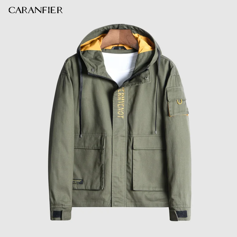 CARANFIER/Осенняя повседневная мужская куртка с капюшоном, пальто, куртка-бомбер с вышивкой, тонкая модная мужская верхняя одежда, мужская брендовая одежда - Цвет: Army Green