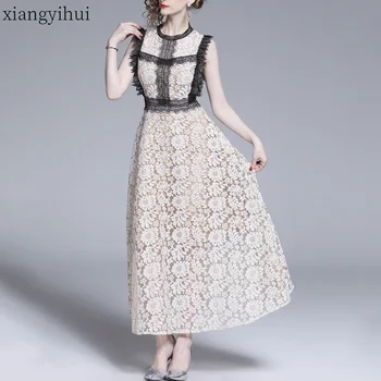 

2020 Summer Fashion Beige Lace Hollow Out Long Dress Women Elegant Sleeveless Patchwork Office Dress Vestidos Female Clothes