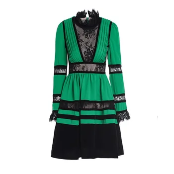 

2020 Spring and Summer New Solid Velvet Lace Patchwork Pleated Full Knee-Length Dresses Fashion Women Dress