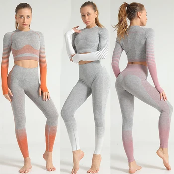

2 PC Set Active Sport Clothes Women Seamless Gym Slimming Peach Hip Pants & Long Sleeves Tops Blocking Color Gradual Stripes Set