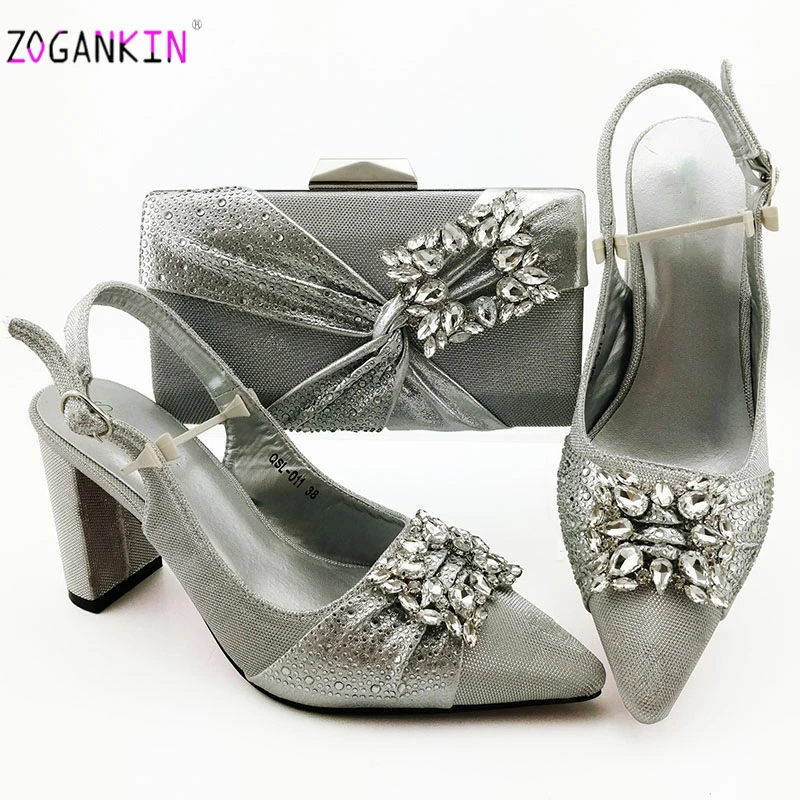 grey sandals and matching bag