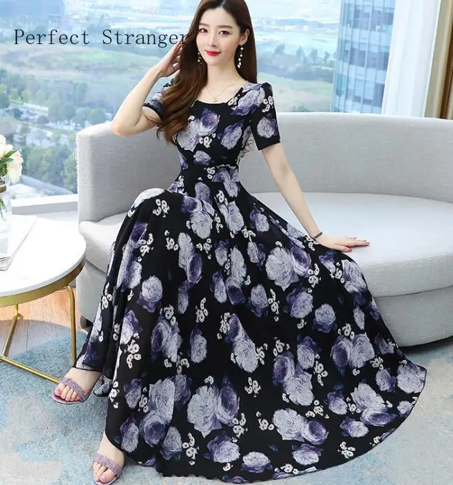 2021 Summer New Arrival Hot Sale High Quality Round Collar Flower Printed Women Chiffon Long Dress M-4XL | Женская одежда