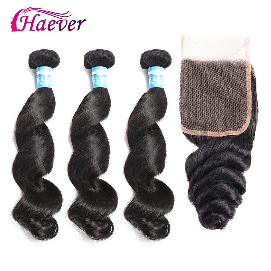 

Haever Loose Wave 3 Bundles With Closure 100% Human Hair Brazilian Hair Bundles With Closure Non Remy Hair Hair Extension