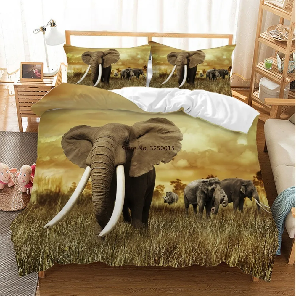 

2/3 Pieces Africa Animal Bedding Set Walking Elephant Ivory Grass Duvet Cover Pillowcase Twin Double Queen King Size Bedclothes