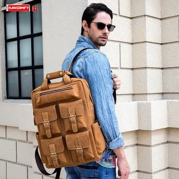 

European and American Style Men's Backpack Student Bags Shoulder Bag Male Travel Backpacks Crazy Horse Leather Genuine Leather