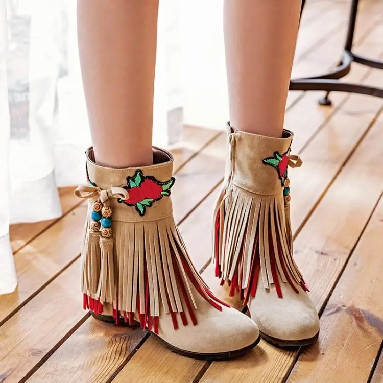 

Hidden Heel Boots Spring/autumn Womens Shoes Ankle For Women Nubuck Fringe Red Black Round Toe Woman High Size 10 42 national