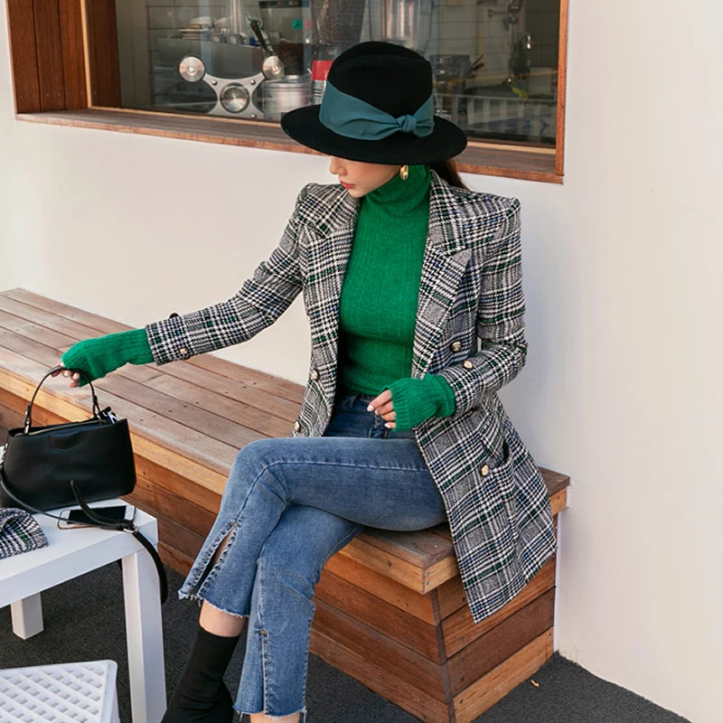 Elegant women's woolen coat female winter new Korean temperament suit jacket waist double-breasted plaid long coat Slim Wild