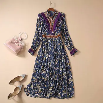 

High-quality latest Paris fashion show spring 2020 women's Bow Collar Gorgeous Floral Print Midi Dress