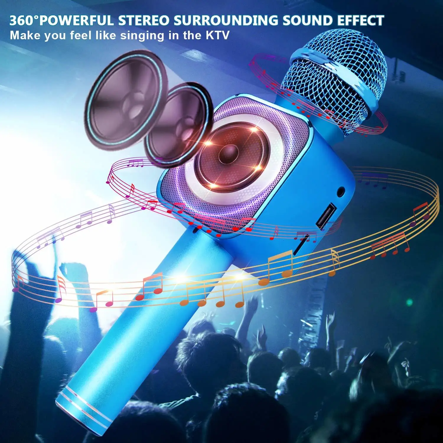 4in 1 LED Lights Handheld Portable Karaoke Microphone Home KTV Player with Record Function Compatible with Android& iOS Devices