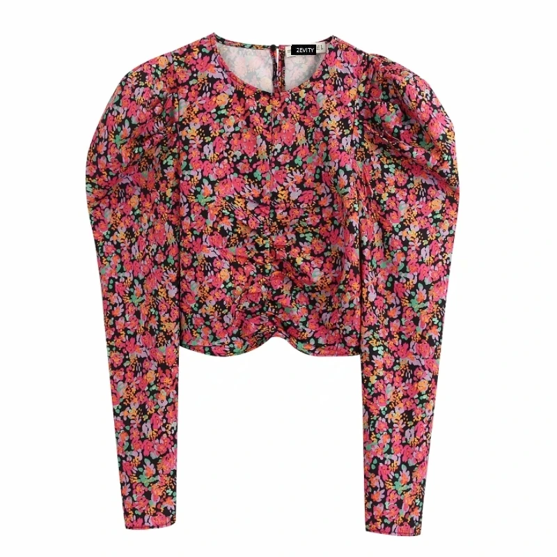 

New women fashion o neck flower print pleat puff sleeve shirt office lady spring pleated blouses roupas chic chemise tops LS6339