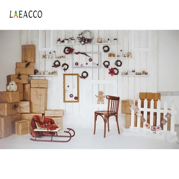 

Laeacco Christmas Interior Photography Backdrops Room Wall Shelves Gifts Wreath Baby Portrait Photographic Backgrounds Photozone