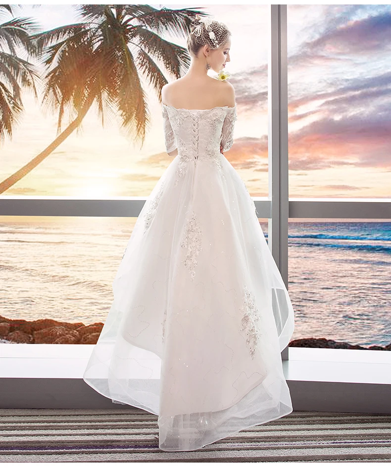 Elegant Off The Shoulder White High Low Prom Dresses With Half Sleeves 2020 New Boat Neck Sequin Appliques Short Evening Gowns