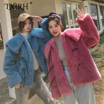 

TXJRH Faux Lamb Fur Big Lapel Navy Collar Belt Button Single-breasted Long Curly Hairy Shaggy Outwear Jacket Coat Tops 4 Colors