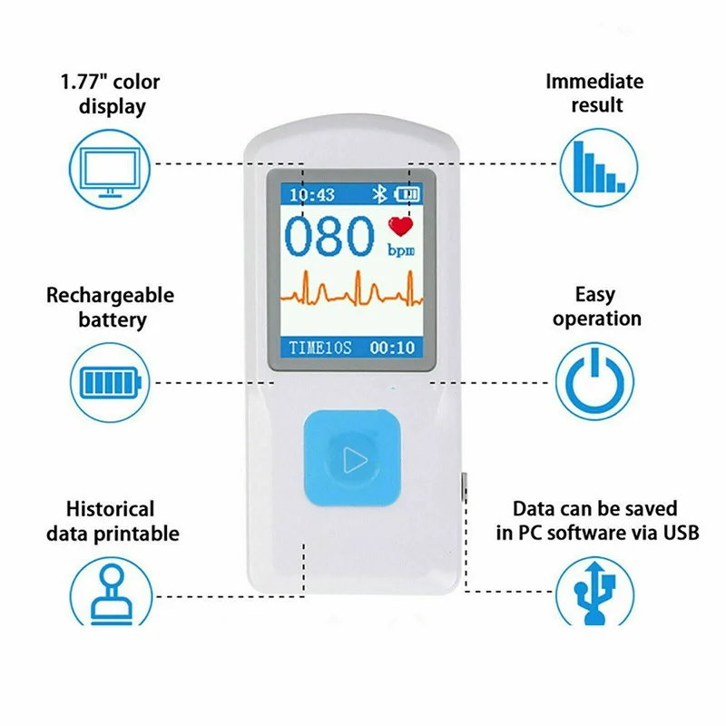 Portable ECG EKG Machine Color Screen ECG Monitor Handheld Heart Rate Machine BT USB PC Software Electrocardiogram Monitor