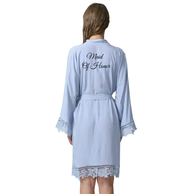 blue maid of honor Owiter Бургундия подружки невесты хлопковые Свадебные платья кимоно с кружевной отделкой женские свадебные банные халаты короткий пояс платье плюс размер - Цвет: blue maid of honor