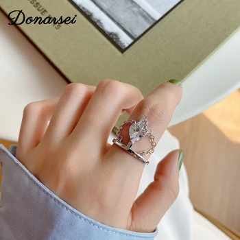 

Donarsei New Fashion Adjustable 925 Sterling Silver Crown Rings For Women Korea Female Big Cubic Zirconia Chain Finger Rings