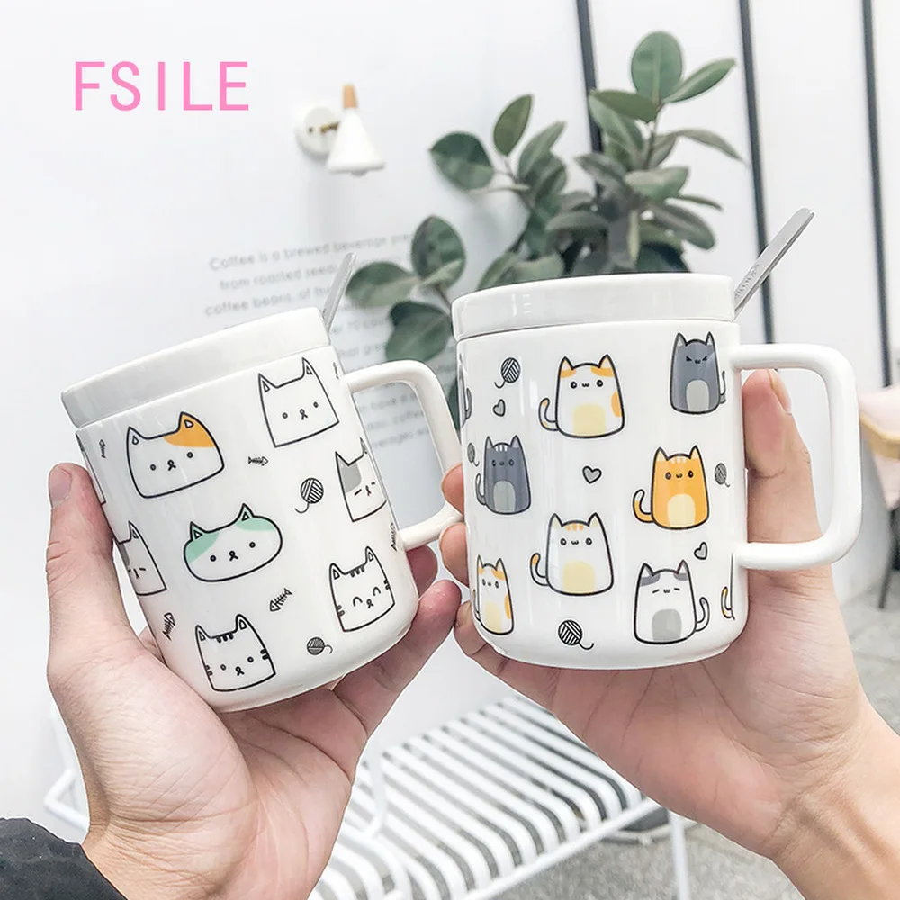 

FSILE 400ML Personality creative cat ceramic cup cartoon cute with lid and spoon simple mug art small fresh coffee mug